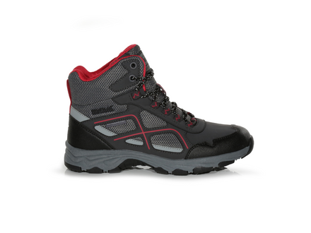 Black and red hiking boot on a white background