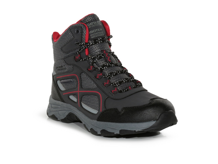 Gray hiking boot with red accents on a white background