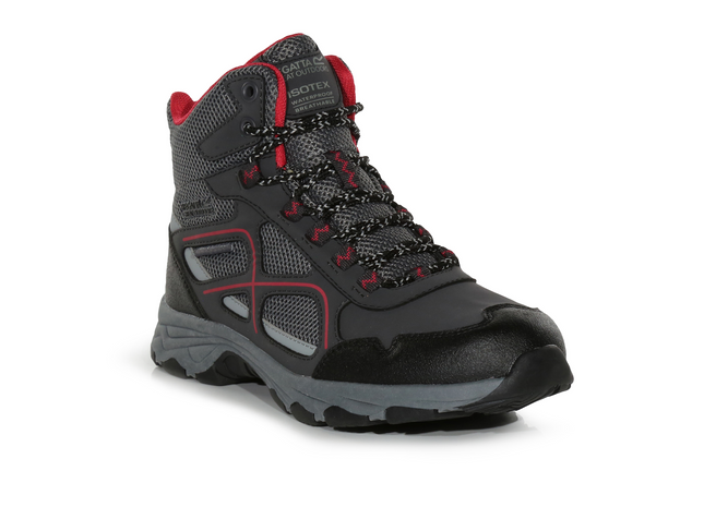 Gray hiking boot with red accents on a white background