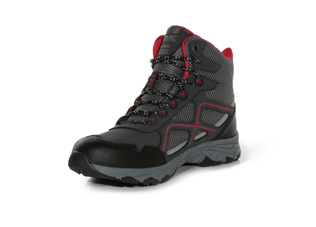 Black and gray hiking boot with red accents on a white background