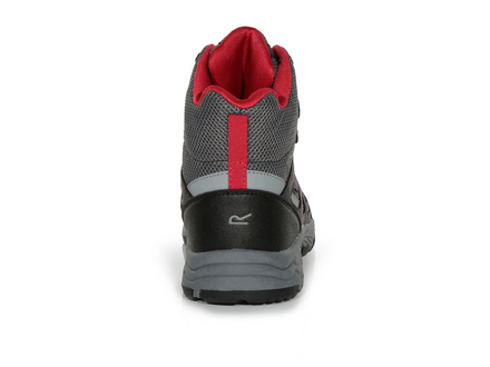 Gray and red hiking boot on a white background
