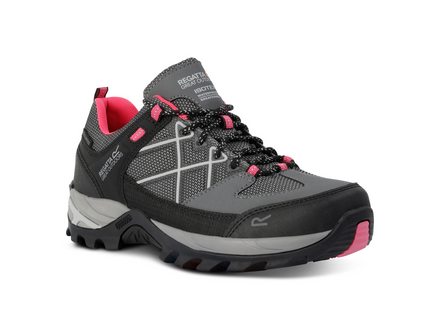 Gray hiking shoe with pink accents on a white background
