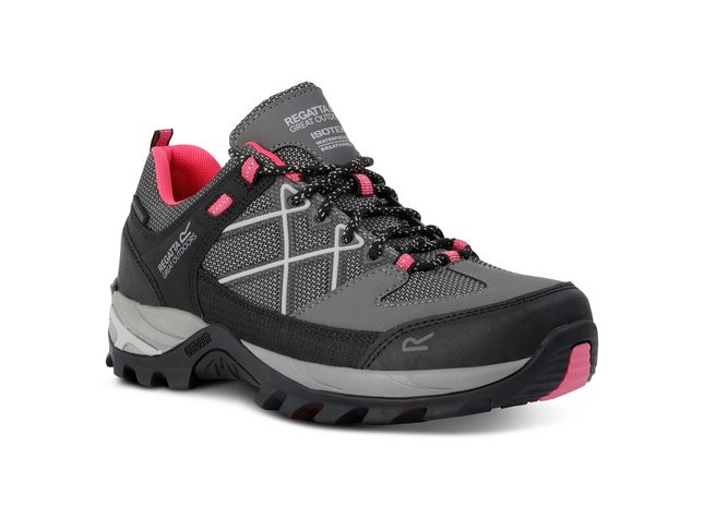 Gray hiking shoe with pink accents on a white background