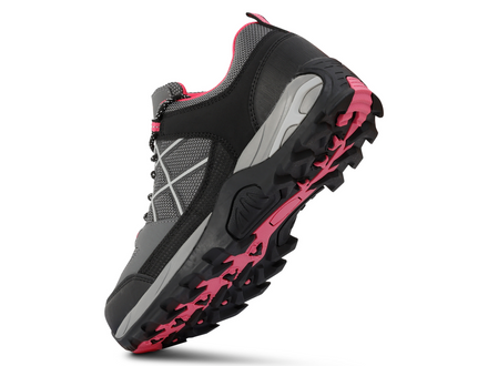 Black and pink athletic shoe on a white background