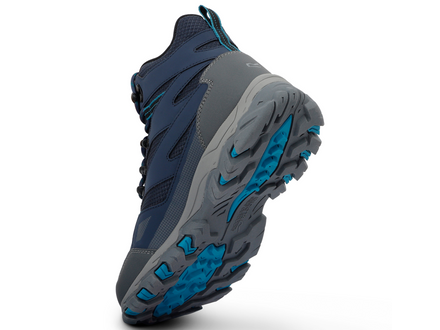 hiking mid boot in blue, showing underside of boot on a white background