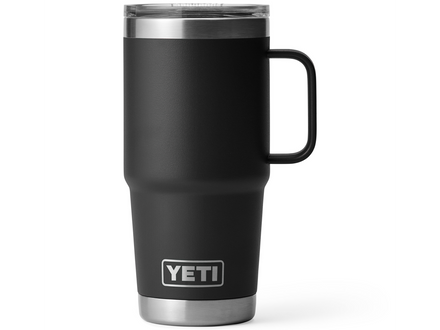 Black YETI mug with a silver rim and handle on a white background