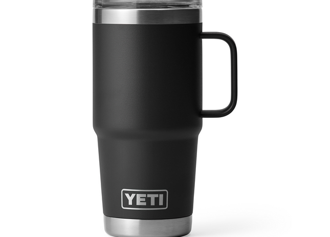Black YETI mug with a silver rim and handle on a white background