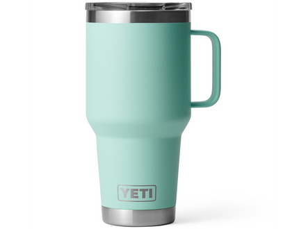 Mint green YETI mug with a handle on a white background