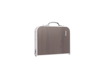 Gray folded table with a handle on a white backgrounded