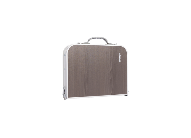 Gray folded table with a handle on a white backgrounded