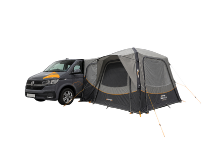 A gray and black pop-up car tent attached to the side of a dark gray Volkswagen camper van, shown against a plain white background.