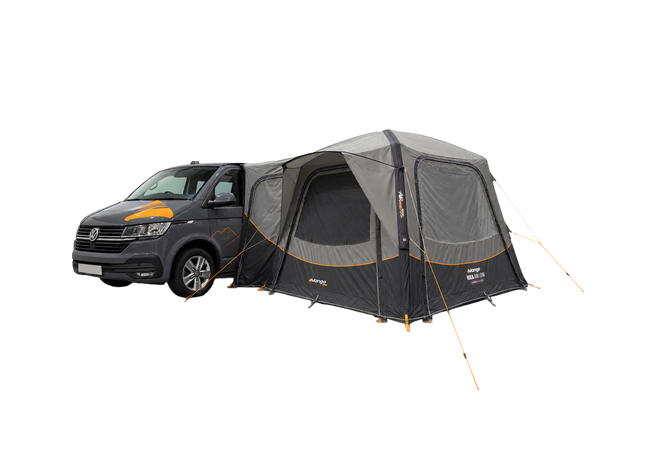 A gray and black pop-up car tent attached to the side of a dark gray Volkswagen camper van, shown against a plain white background.