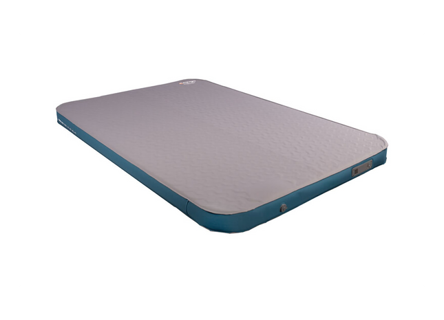 Rectangular camping mattress with blue border on a white background