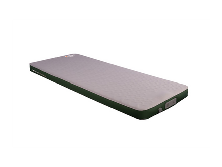 Rectangular camping mattress with green border on a white background