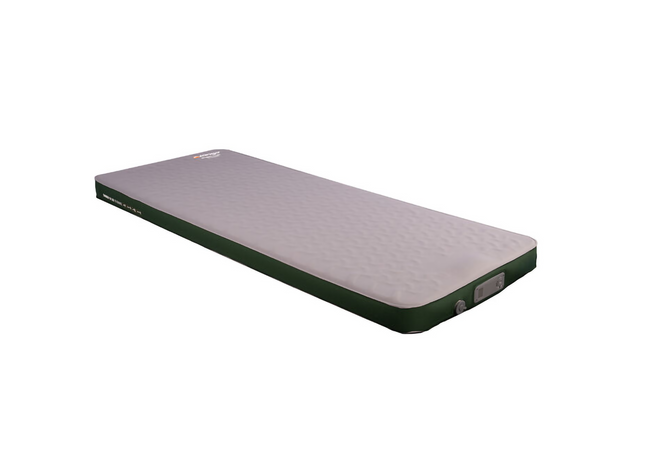 Rectangular camping mattress with green border on a white background