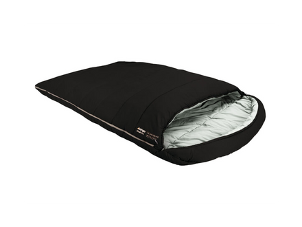 Black sleeping bag with white interior on a white background