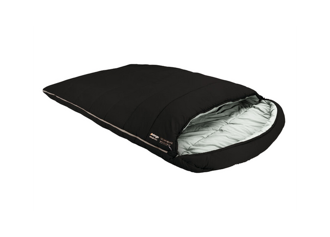 Black sleeping bag with white interior on a white background