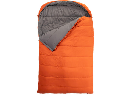 orange sleeping bag with grey inner on a white background
