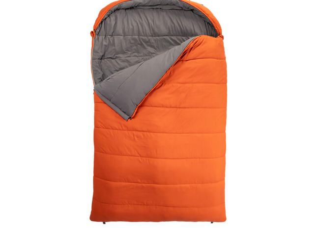 orange sleeping bag with grey inner on a white background
