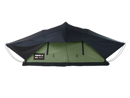 A Tentbox tent shown against a plain white background, featuring a dark navy blue outer canopy and an olive green inner tent body with black trim and a visible Tentbox logo patch.