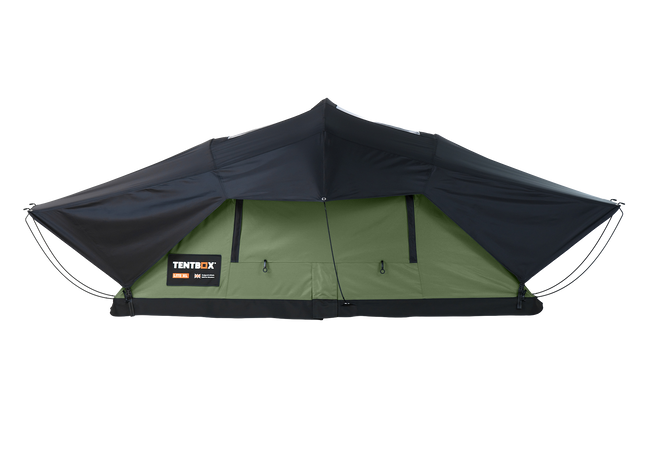 A Tentbox tent shown against a plain white background, featuring a dark navy blue outer canopy and an olive green inner tent body with black trim and a visible Tentbox logo patch.