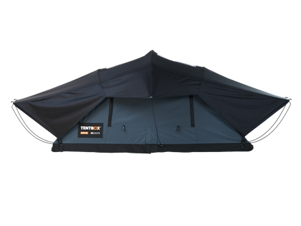 A dark gray and black Tentbox tent with a front door and side guy lines, shown against a plain white background.