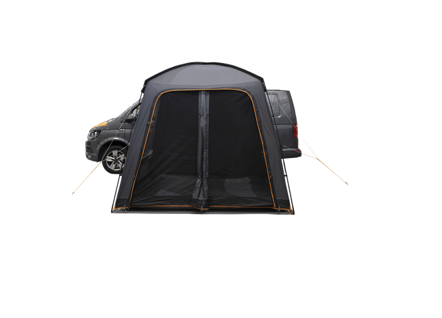 A dark gray VW camper van with an attached black and gray awning tent featuring a clear window, shown on a plain white background.