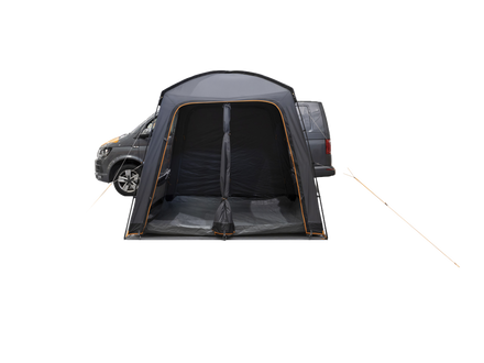 A dark gray pop-up car roof tent with an open front door and side window, shown mounted over the rear of a gray vehicle against a solid white background.