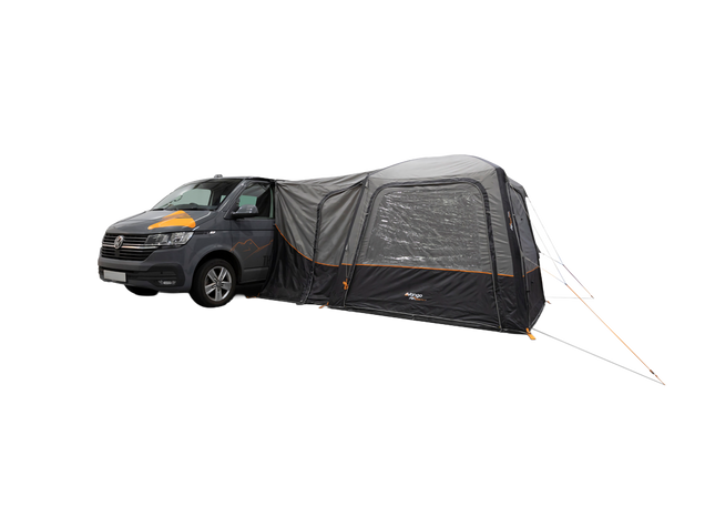 A dark grey awning attached to the side of a dark gray Volkswagen Transporter van, shown against a solid white background.