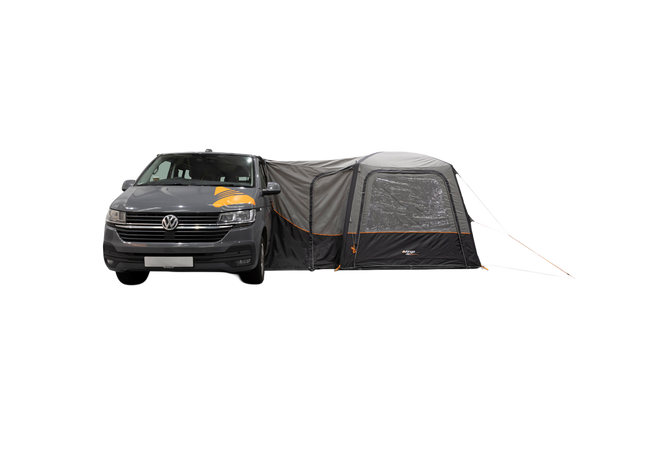 A dark grey awning attached to the side of a dark gray Volkswagen Transporter van, shown against a solid white background.