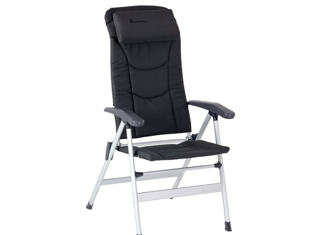 Black camping chair with adjustable backrest on a white background