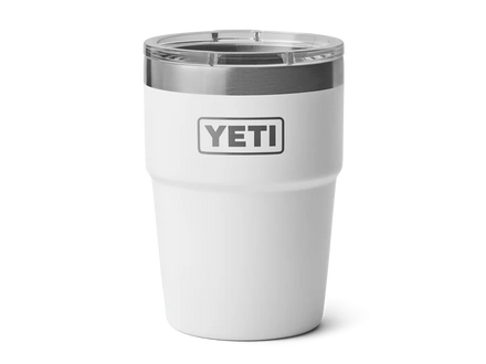 White YETI tumbler with a silver rim on a white background