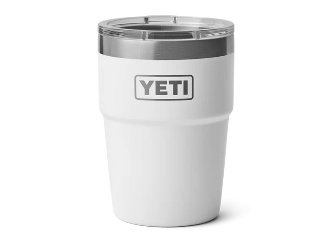 White YETI tumbler with a silver rim on a white background