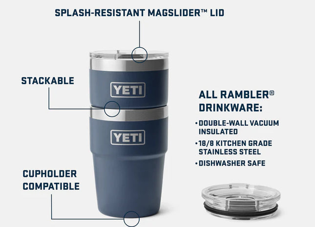YETI tumbler with features highlighted on a white background