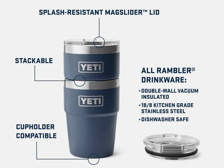 YETI tumbler with features highlighted on a white background