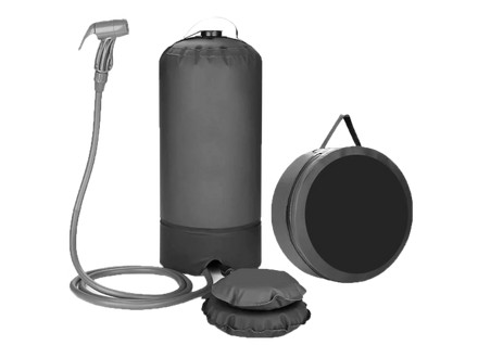 Gray portable shower system with a cylindrical canister, handheld spray nozzle and hose, round drain cover, and inflatable foot pump, shown on a plain white background.
