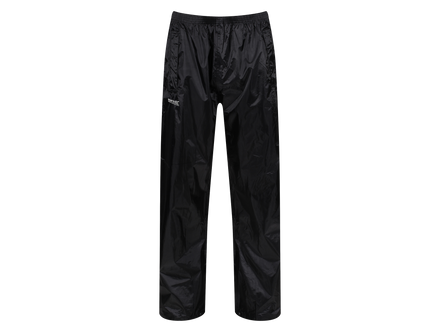 Black waterproof pants with a small white logo on the left thigh, displayed flat against a solid white background.