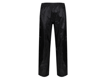 Black waterproof pants with a glossy, water-repellent finish, shown flat against a solid white background.