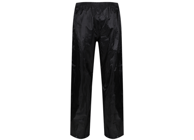 Black waterproof pants with a glossy, water-repellent finish, shown flat against a solid white background.