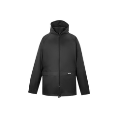 A black hooded jacket with a full front zipper, shown on a plain white background.