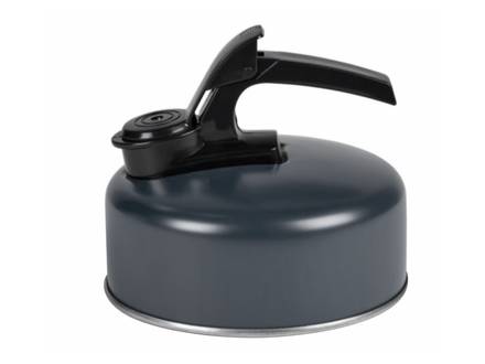 Dark gray metal whistling kettle with black handle on a white background