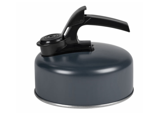 Dark gray metal whistling kettle with black handle on a white background