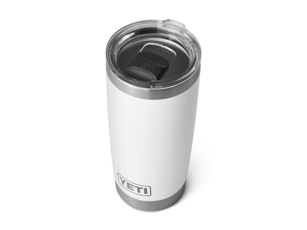 White YETI tumbler with a silver lid on with a black magslider on a white background