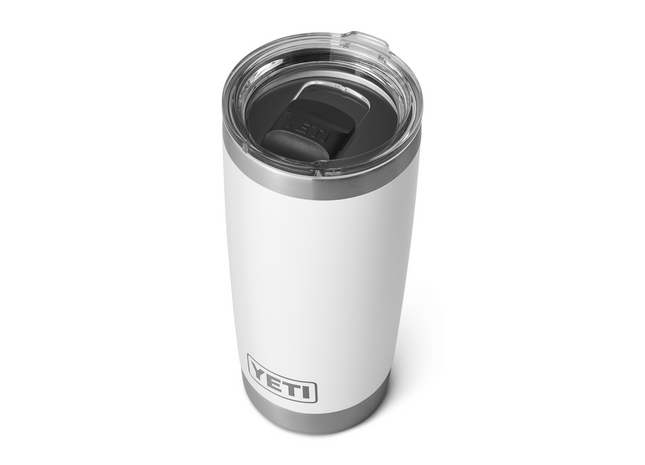 White YETI tumbler with a silver lid on with a black magslider on a white background