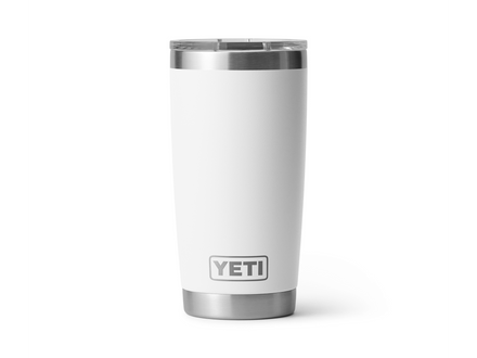White YETI tumbler with a silver rim on a white background