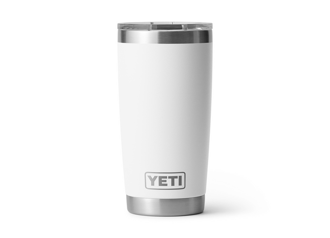 White YETI tumbler with a silver rim on a white background