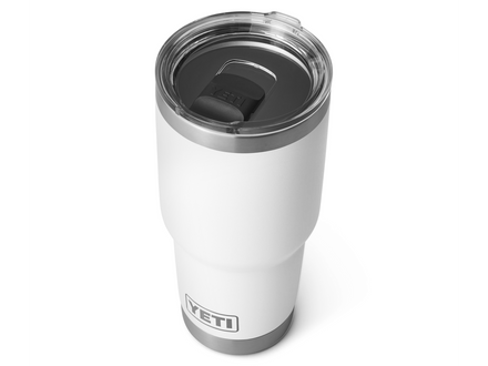 White YETI tumbler with a clear lid on a white background
