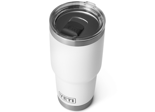 White YETI tumbler with a clear lid on a white background