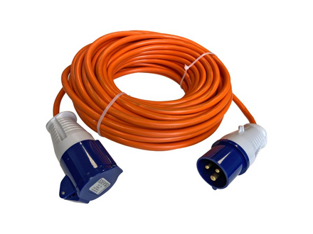 Coiled orange extension cable with blue and white plugs on a white background