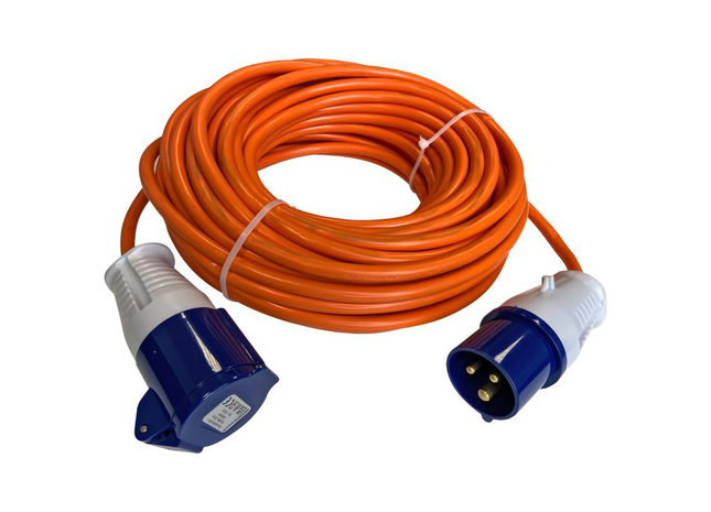 Coiled orange extension cable with blue and white plugs on a white background